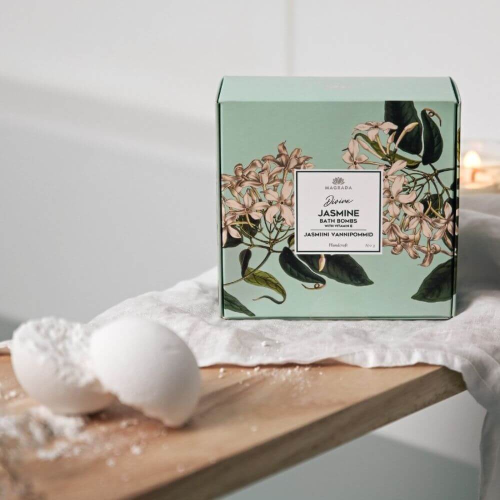 Divine Jasmine Bath Bomb Set gift box with 4 luxury bath bombs