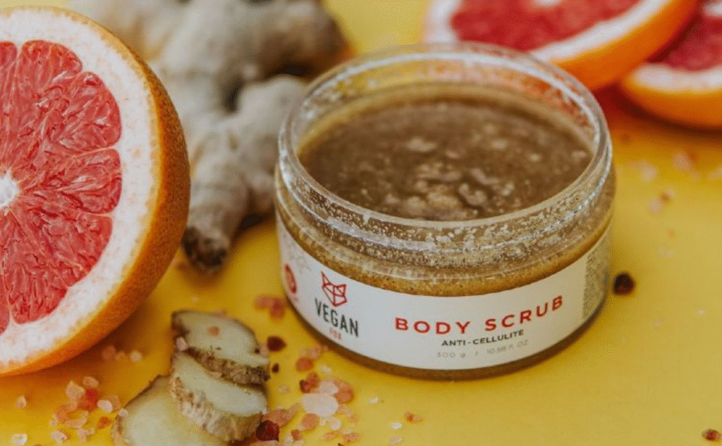 Vegan Fox Ginger Body Scrub in eco-friendly packaging – natural exfoliator for smooth and firm skin